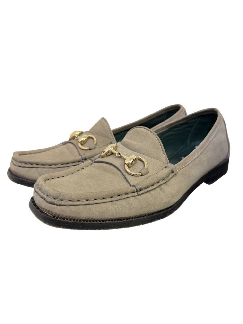Gucci Horsebit Loafers Grey Suede Leather Gold Hardware Size 8/38.5